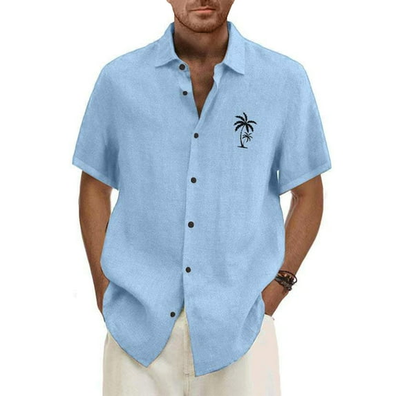 Qwertyu Mens Button Down Short Sleeve Shirt Cotton Linen Hawaii Shirts Casual Tropcial Vacation Beach Summer Tops Sky Blue 4XL