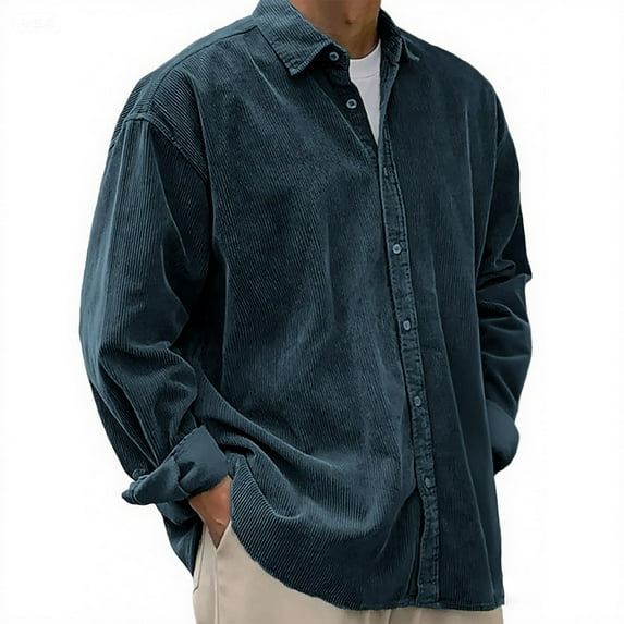 Qwertyu Mens Corduroy Shirt Long Sleeve Button Down Casual Blouses Plus Size Tops Classic Pacificozy Tshirt for Men Navy XL