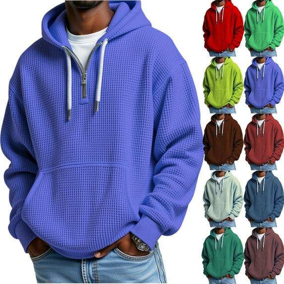 Qwertyu Mens Hoodies Waffle Knit Half-Zip Drawstring Hooded Sweatshirts Loose Fit Long Sleeve Solid Color Oversized Streetwear Deep Red 4XL