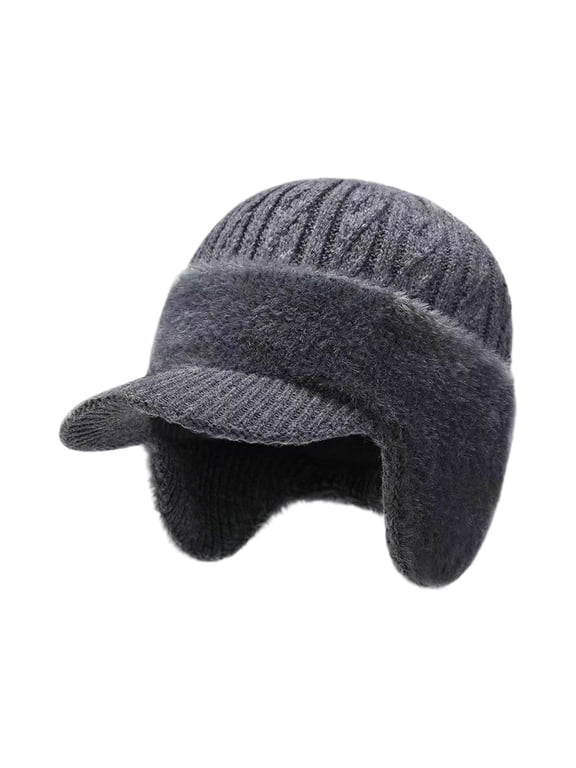 Mens Knit Winter Hat with Visor and Ear Flaps Fleece Lined Wind Resistant Beanie for Outdoor Cycling Running Hiking Gray
