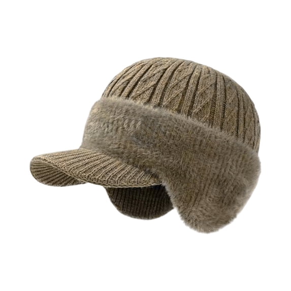 Qwertyu Mens Knit Winter Hat with Visor and Ear Flaps Fleece Lined Wind Resistant Beanie for Outdoor Cycling Running Hiking Khaki