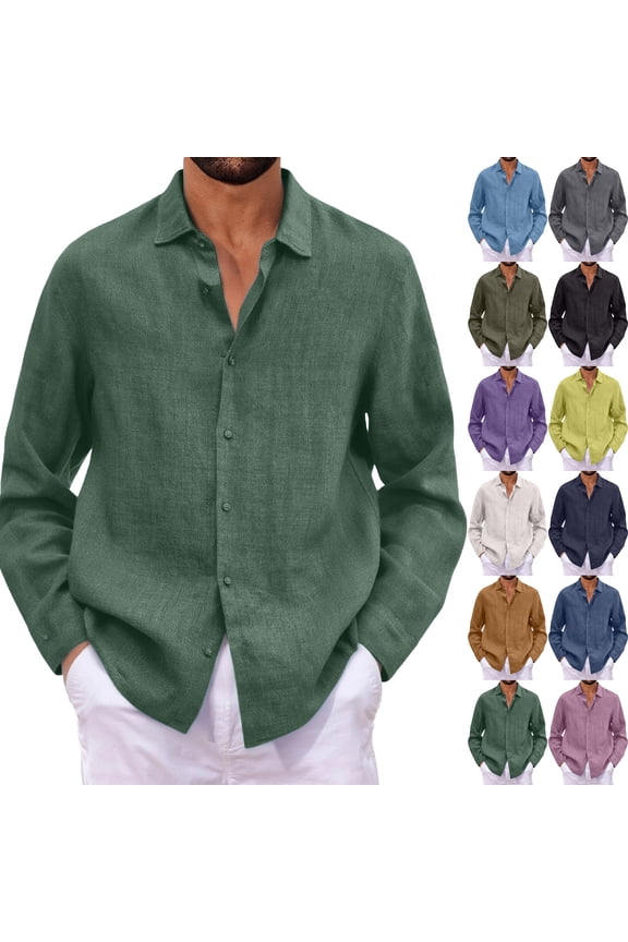 Mens Linen Dress Shirts Long Sleeve Dress Shirts Plus Size Casual Linen Shirts for Men Button Down Shirt Dark Green M