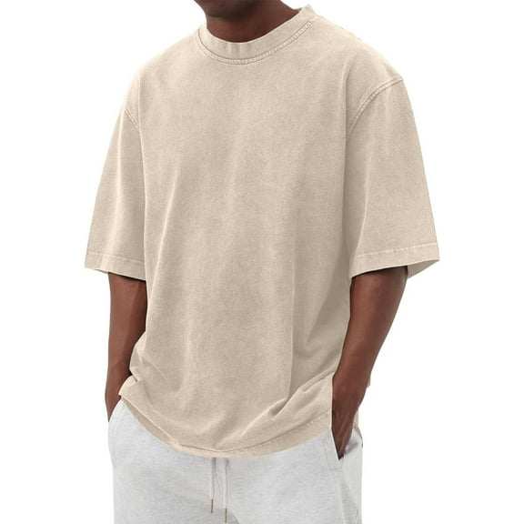Qwertyu Mens Oversized Tshirts Short Sleeve Crew Neck Summer Shirts Casual Loose Cotton Vintage Tee Basic Tops Beige 4XL
