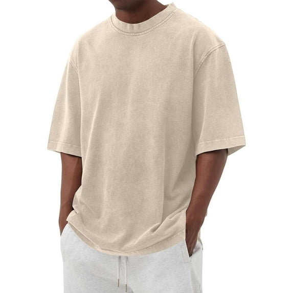 Qwertyu Mens Oversized Tshirts Short Sleeve Crew Neck Summer Shirts Casual Loose Cotton Vintage Tee Basic Tops Beige L