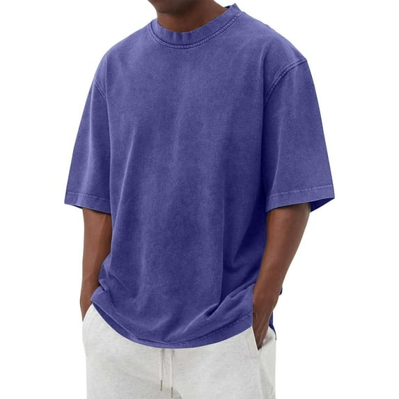 Qwertyu Mens Oversized Tshirts Short Sleeve Crew Neck Summer Shirts Casual Loose Cotton Vintage Tee Basic Tops Dark Blue M