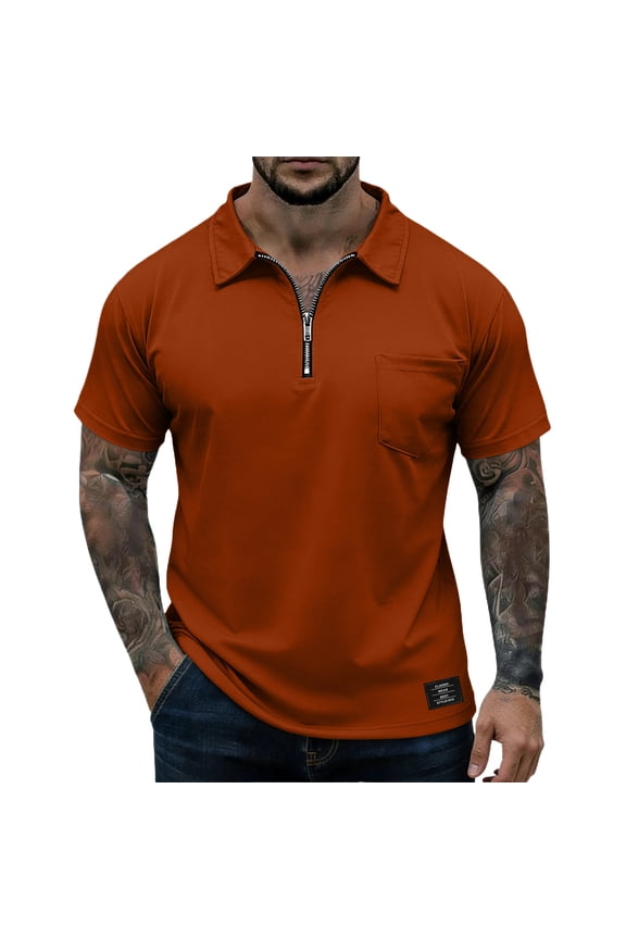 Mens Polo Shirts Casual Quarter Zip Tee Shirt Classic Short Sleeve Collared T Shirt Summer Pullover Tops with Pocket Ginger 3XL