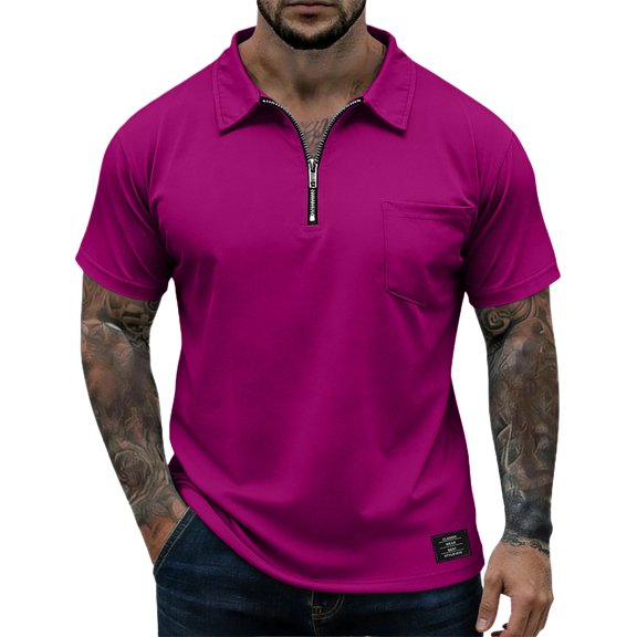 Qwertyu Mens Polo Shirts Quarter Zip Shirts Casual Classic Lightweight Short Sleeve Golf Collared Shirt with Pocket Purple 2XL