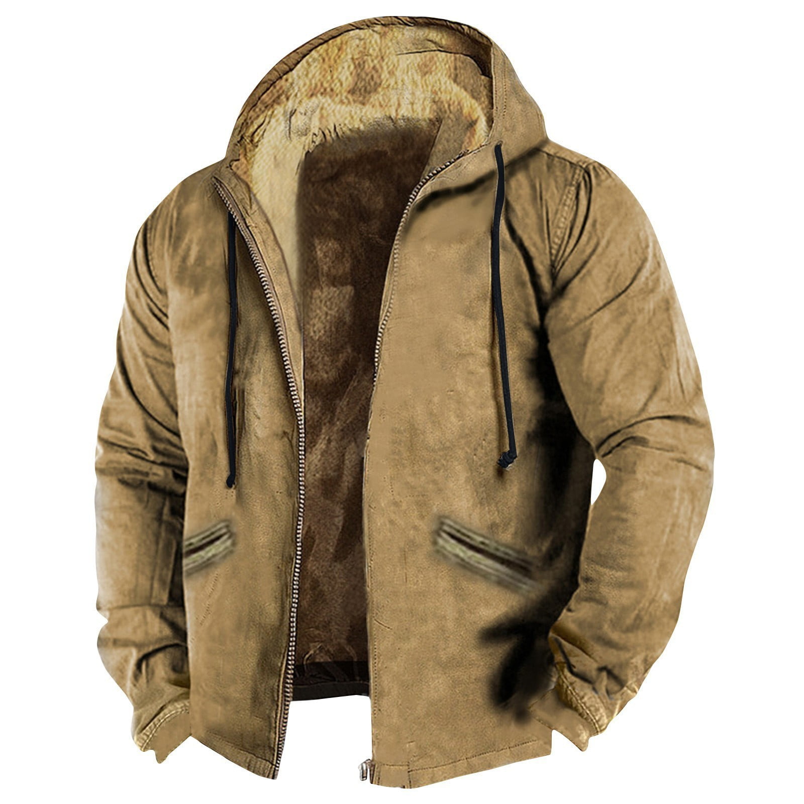 Qwertyu Men Fleece Coat Western Winter Hooded Flannel Pockets Zip Up ...