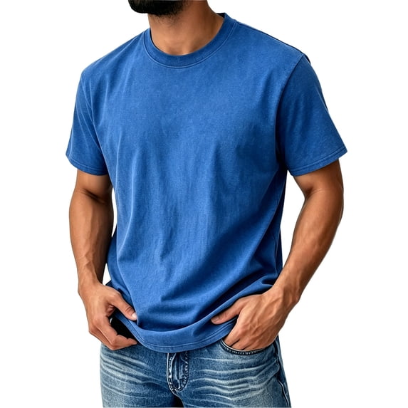 Qwertyu Mens Short Sleeve T-Shirts Cotton Crew Neck Casual Shirt Vintage Acid Wash Summer Fashion Tees Blue 4XL