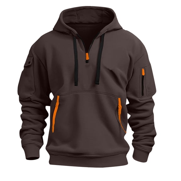 Qwertyu Mens Tactical Hoodies Pullover Quarter Zip Hooded Sweatshirts Big and Tall Long Sleeve Military Hoodie Sweatshirt with Pockets Coffee 3XL