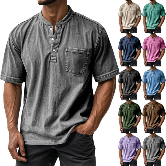 Qwertyu Mokaloha Mens Shirts, Retro Washed Distressed Solid Color Casual Short Sleeve Henley Tops with Pockets Navy XL