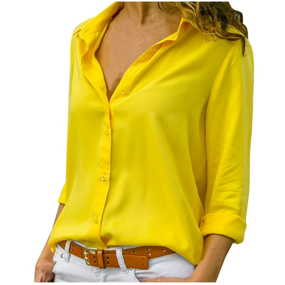 Qwertyu Oversized Button Down Shirts for Women, Casual Long Sleeve Dressy Blouses Tops Solid Color Womens Plus Size Sexy Shirts Summer Tops 2024 Trendy Yellow M