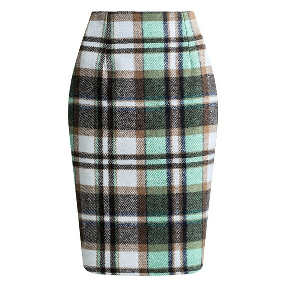Qwertyu Plaid Skirts for Woman Casual High Elastic Waist Midi Skirts Fall Winter Knee Length Pencil Wool Skirt Long Skirts Light Green XL