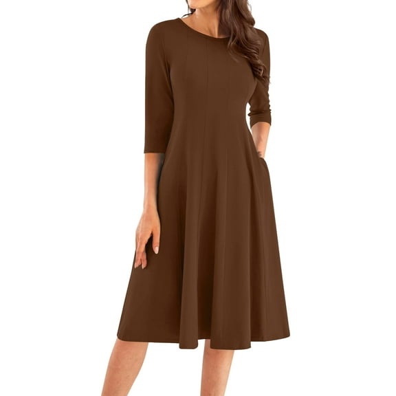 Qwertyu Plus Size 3/4 Sleeve Fall Dress for Women Crewneck Solid Color Midi Dress Trendy Casual A Line Dress Brown 3XL