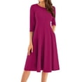 thumbnail image 1 of Qwertyu Plus Size 3/4 Sleeve Fall Dress for Women Crewneck Solid Color Midi Dress Trendy Casual A Line Dress Dark Purple 2XL, 1 of 5