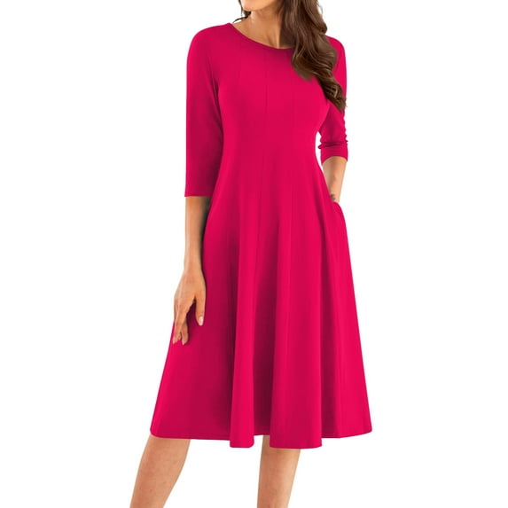 Qwertyu Plus Size 3/4 Sleeve Fall Dress for Women Crewneck Solid Color Midi Dress Trendy Casual A Line Dress Hot Pink XL