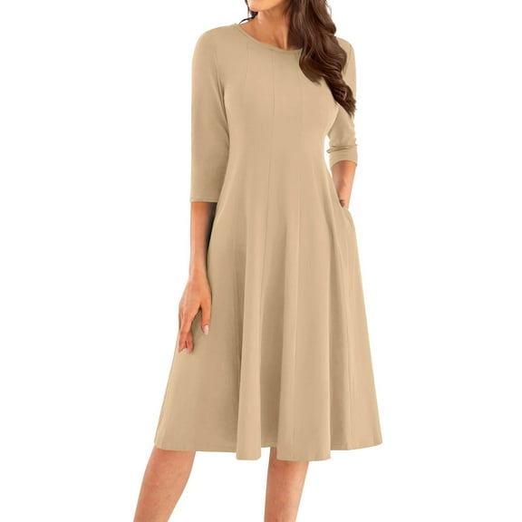 Qwertyu Plus Size 3/4 Sleeve Fall Dress for Women Crewneck Solid Color Midi Dress Trendy Casual A Line Dress Khaki 3XL