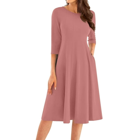 Qwertyu Plus Size 3/4 Sleeve Fall Dress for Women Crewneck Solid Color Midi Dress Trendy Casual A Line Dress Pink S