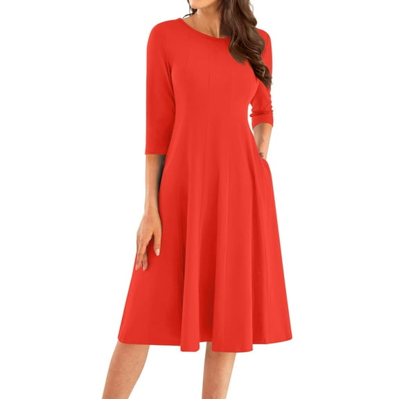 Qwertyu Plus Size 3/4 Sleeve Fall Dress for Women Crewneck Solid Color Midi Dress Trendy Casual A Line Dress Saffron 3XL
