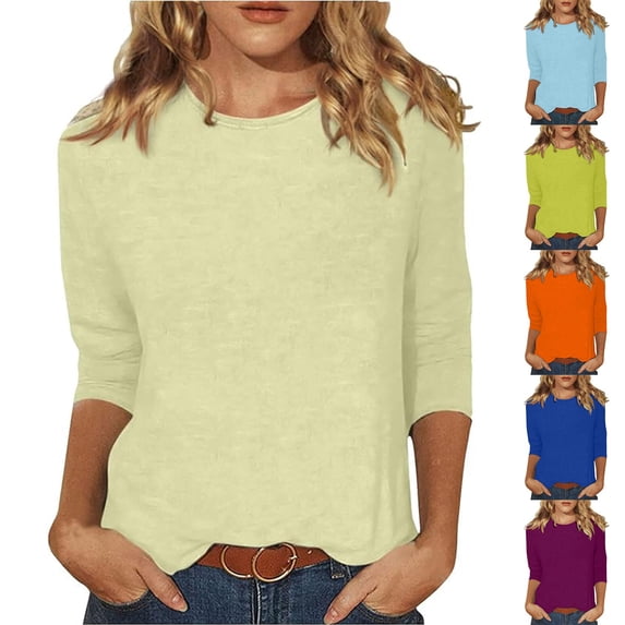 Qwertyu Plus Size 3/4 Sleeve T-shirts Soft Cotton Womens Crew Neck Tops Scalloped Plain Tshirts Fall Spring Basic Tees Beige M