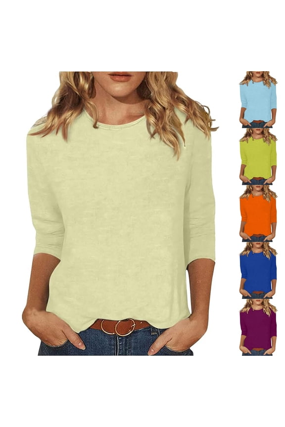 Plus Size 3/4 Sleeve T-shirts Soft Cotton Womens Crew Neck Tops Scalloped Plain Tshirts Fall Spring Basic Tees Sky Blue S
