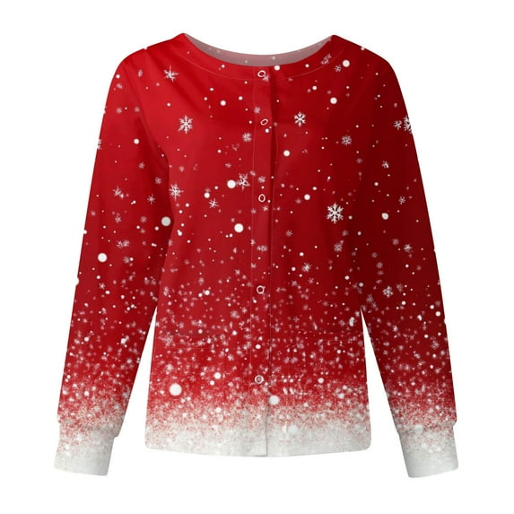 Qwertyu Plus Size Christmas Scrub Jackets for Women Snap Front Warm Up Scrub Tops Xmas Tree Graphic Nurse Doctor Working Uniforms Pink M