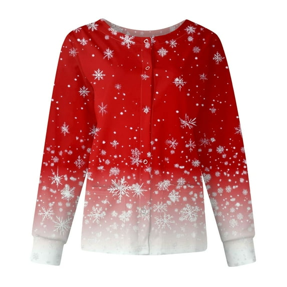 Qwertyu Plus Size Christmas Scrub Jackets for Women Snap Front Warm Up Scrub Tops Xmas Tree Graphic Nurse Doctor Working Uniforms Vermilion L