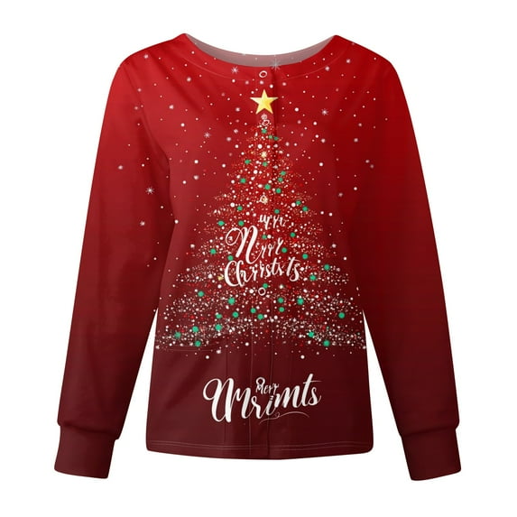 Qwertyu Plus Size Christmas Scrub Jackets for Women Snap Front Warm Up Scrub Tops Xmas Tree Graphic Nurse Doctor Working Uniforms Watermelon Red L