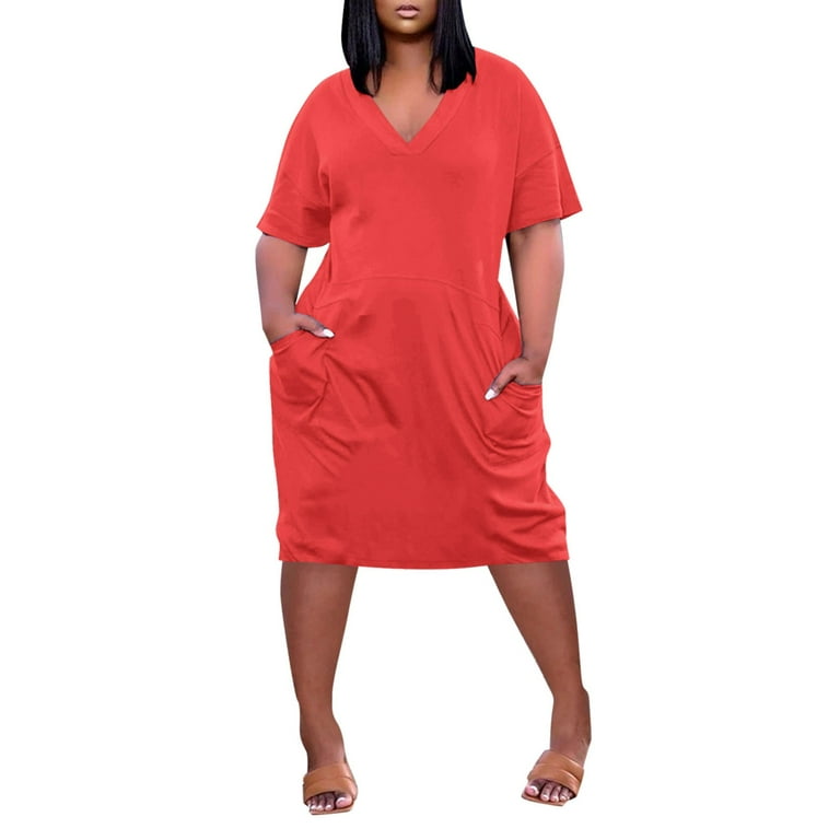 Qwertyu Plus Size Dresses for Curvy Women V Neck Solid Color Short Sleeves Swing Tunic Dress with Pockets Red XL