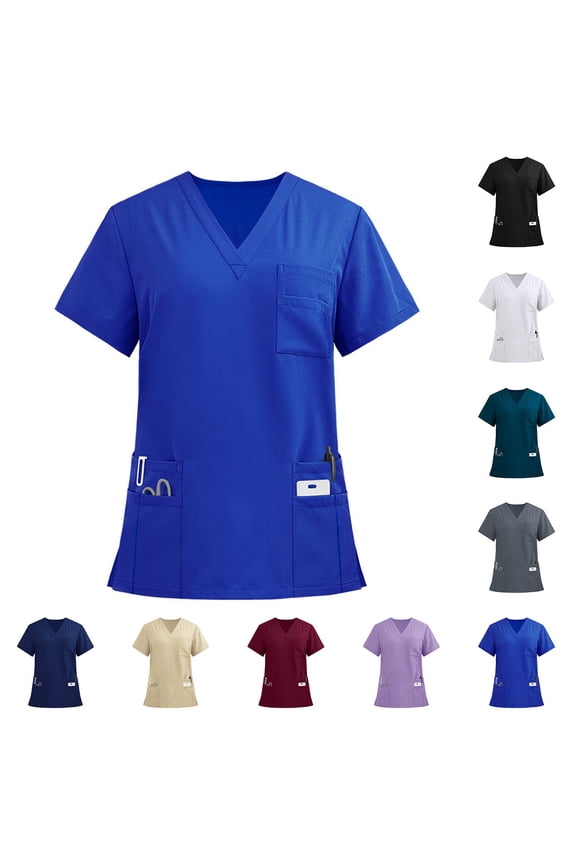 Plus Size Scrubs for Women Stretch, V-Neck Scrub Top with Solid Color, 3-Pocket Working Uniform Tops for Women Blue XL