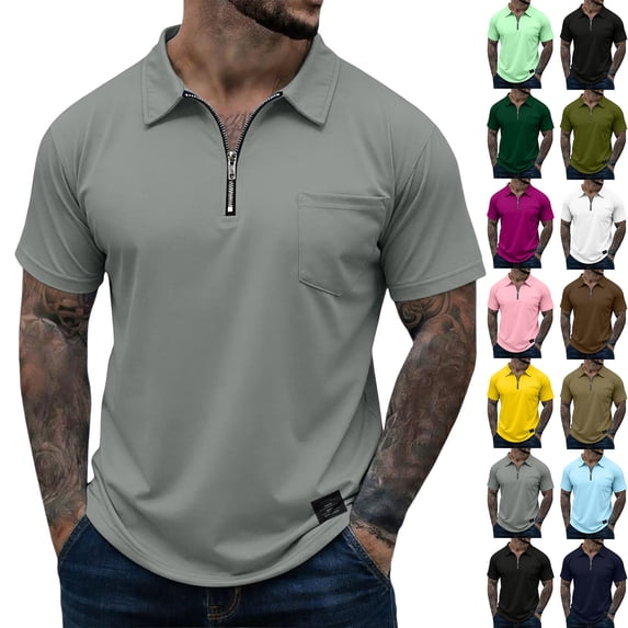 Qwertyu Polo Shirts for Men Casual Collared Short Sleeve Shirts Solid Color Quarter Zip Pullover Tops with Pocket Navy S