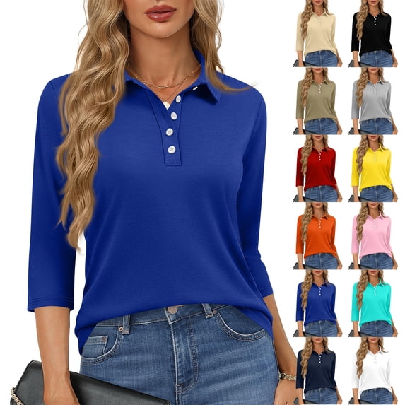 Qwertyu Polo Shirts for Women 3/4 Sleeve Tops Golf Tees Button Collared Cotton Shirt Business Casual Pink L