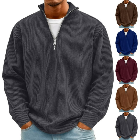Qwertyu Quarter Zip Mock Neck Sweatshirt for Men Plus Size Corduroy Oversized Sweatshirt Big And Tall Casual Pullover Tops Coffee S