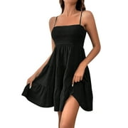 Qwertyu SOLY HUX Women's Summer Smock Cami Mini Dress Square Neck Sleeveless Swing A Line Short Dresses Black L