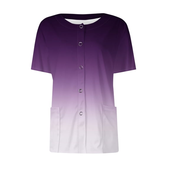 Qwertyu Scrub Jackets for Women Short Sleeve Snap Front Graphic Crew Neck Jacket Tops with Two Pockets Purple 3XL