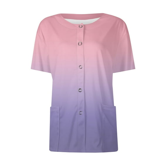 Qwertyu Scrub Jackets for Women Short Sleeve Snap Front Graphic Crew Neck Jacket Tops with Two Pockets Purple Pink L