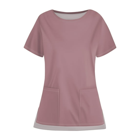 Qwertyu Scrub Tops for Women with Pockets Crew Neck Short Sleeve Medical Uniform Casual Soft Stretchy Solid Color Nurse Shirts Pink 3XL