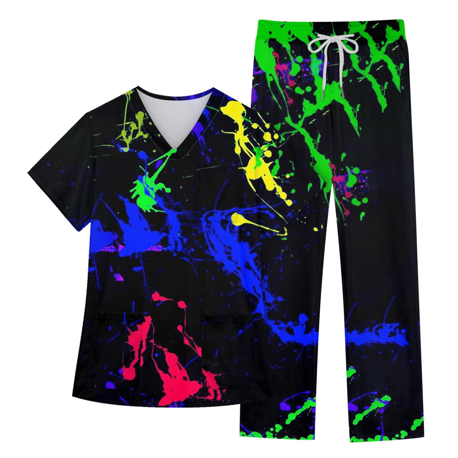 Qwertyu Scrubs Sets for Women V Neck Shirt Top and Pant 2 Piece Short