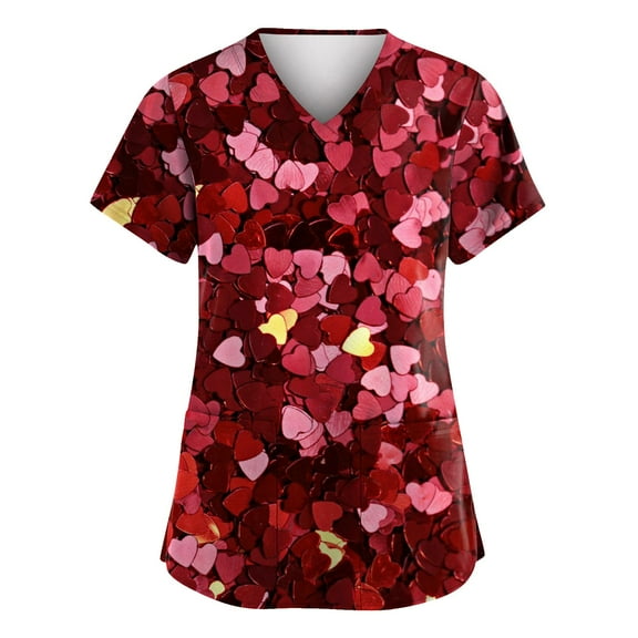 Qwertyu Scrubs Shirts for Women V Neck Short Sleeve Trendy Scrubs Cute Love Heart Print Workwear Medical Scrubs with Pockets Wine 3XL