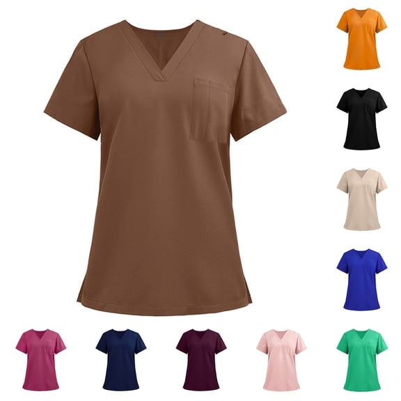 Qwertyu Scrubs for Women Solid Color Nursing Tops V-Neck Short Sleeve Scrub Shirts with Pocket Saffron S