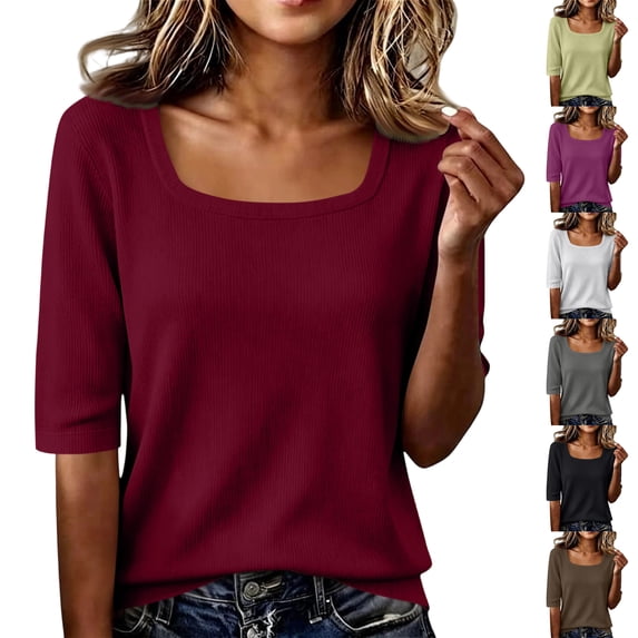 Qwertyu Short Sleeve Sweater for Women Summer Square Neck Pullover Tops Business Casual Lightweight Sweaters Spring Fall Clothes 2026 Gray XL