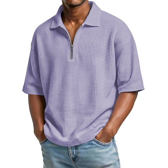 Qwertyu Short Sleeve Waffle Shirts for Men Quarter Zip Pullover Casual Slim Fit Stand Collar Polo Shirts Textured Knit Tops Purple 3XL