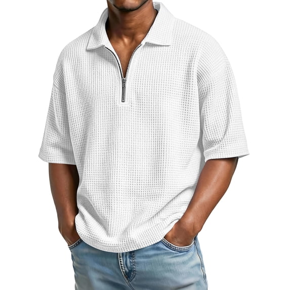 Qwertyu Short Sleeve Waffle Shirts for Men Quarter Zip Pullover Casual Slim Fit Stand Collar Polo Shirts Textured Knit Tops White XL
