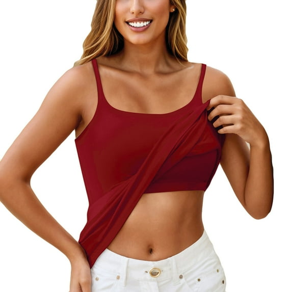 Qwertyu Spaghetti Strap Tank Top with Built in Bra Cotton Shelf Bra Camisoles Plus Size Casual Comfy Slim Fit Basic Layer Cami Wine S