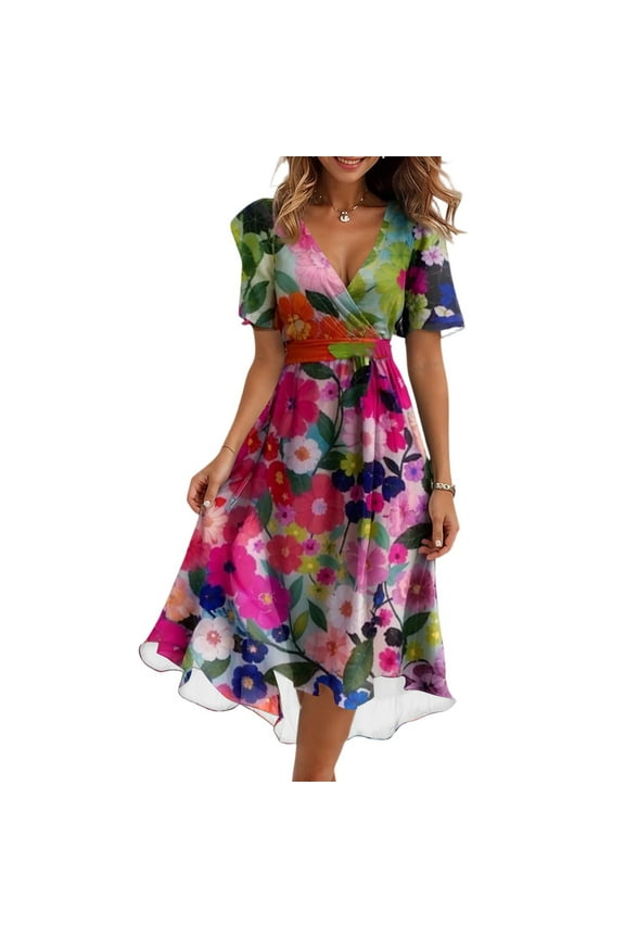 Spring Dresses for Women 2025 Boho Floral Printed Chiffon Dresses Elegant V Neck Belted Summer Wedding Prom Cocktail Midi Dress Hot Pink L