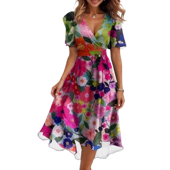 Qwertyu Spring Dresses for Women 2025 Boho Floral Printed Chiffon Dresses Elegant V Neck Belted Summer Wedding Prom Cocktail Midi Dress Hot Pink XL