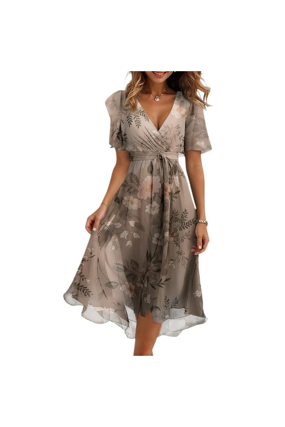 Spring Dresses for Women 2025 Boho Floral Printed Chiffon Dresses Elegant V Neck Belted Summer Wedding Prom Cocktail Midi Dress Light Brown M