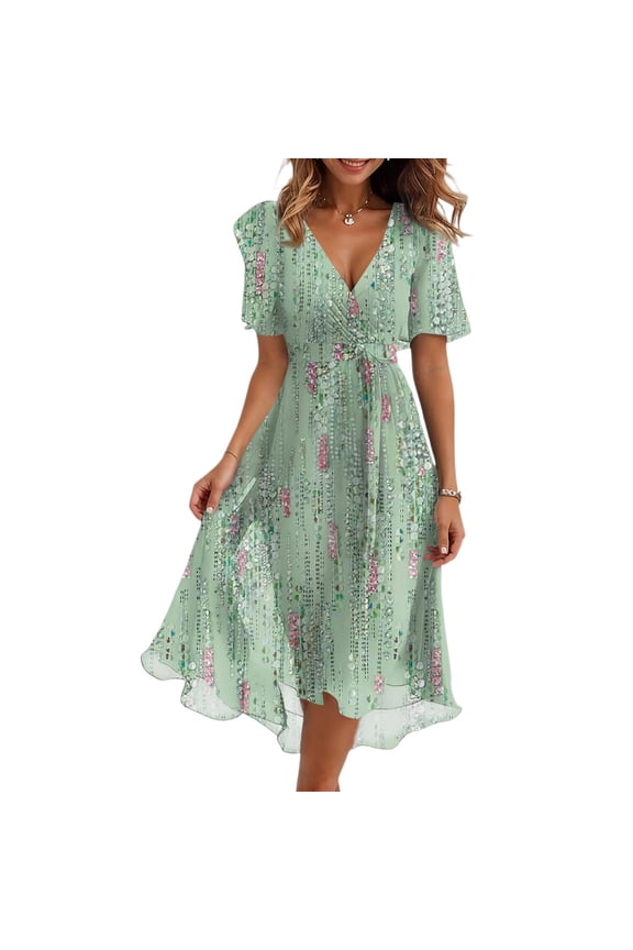 Spring Dresses for Women 2025 Boho Floral Printed Chiffon Dresses Elegant V Neck Belted Summer Wedding Prom Cocktail Midi Dress Mint Green L
