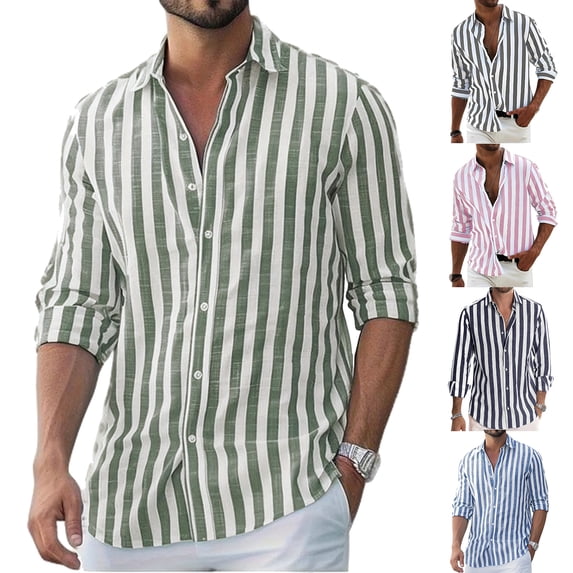 Qwertyu Striped Dress Shirts for Men Long Sleeve Button Down Shirts Summer Casual Loose T Shirts Business Tops Gray 2XL