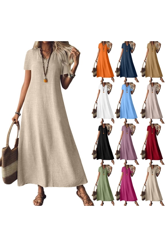 Cotton Dress for Womens Linen Maxi Dress V Neck Flowy Short Sleeve Solid Color Retro Dresses Loose Plus Size Flowy Summer Shirt Dress with Pockets Light Brown XL